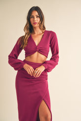 MABLE Women's Front Twisted Knit Top & Midi Skirt Set - Chic 2-Piece Outfit